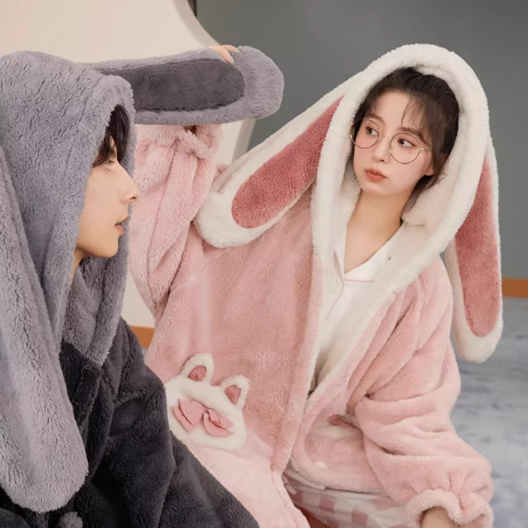 Rabbit Hooded Fleece Couple Pajama Rob