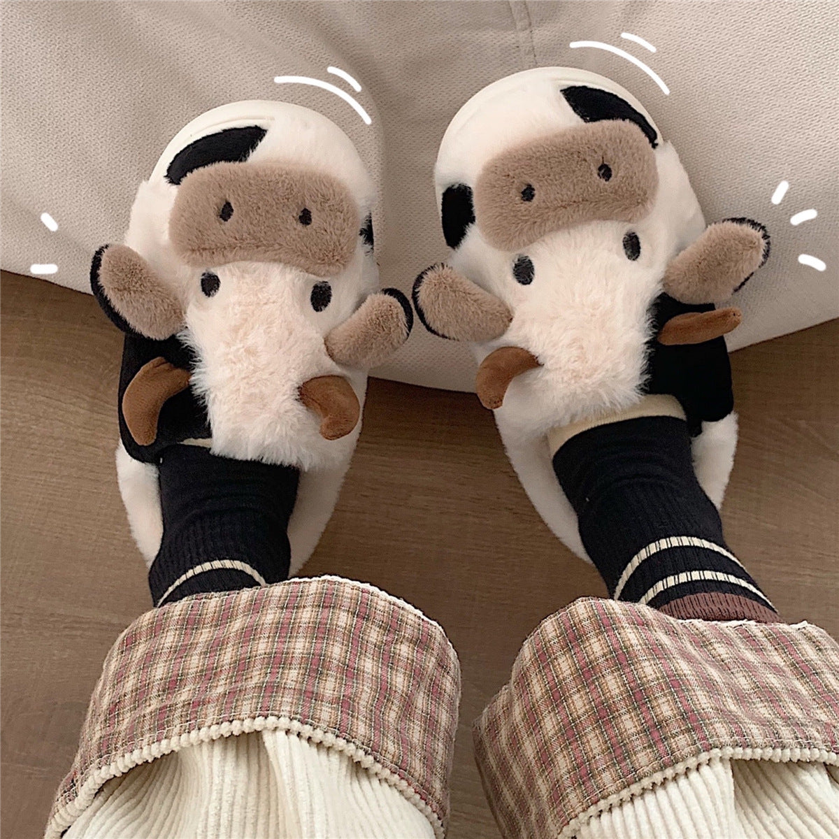 Couple Fluffy Fur Cow Slipper