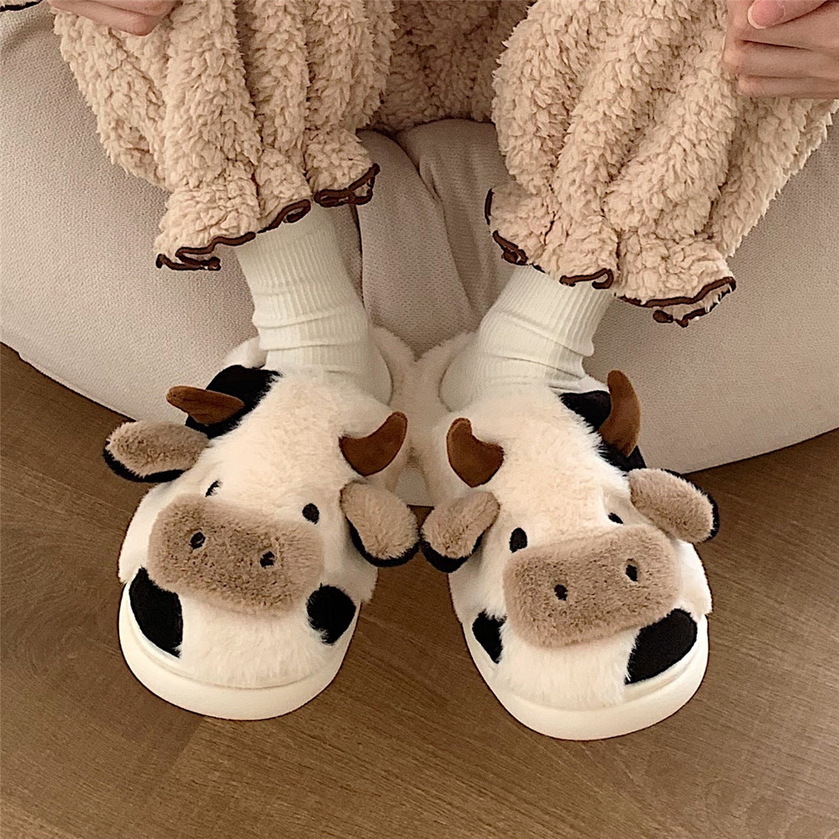 Couple Fluffy Fur Cow Slipper