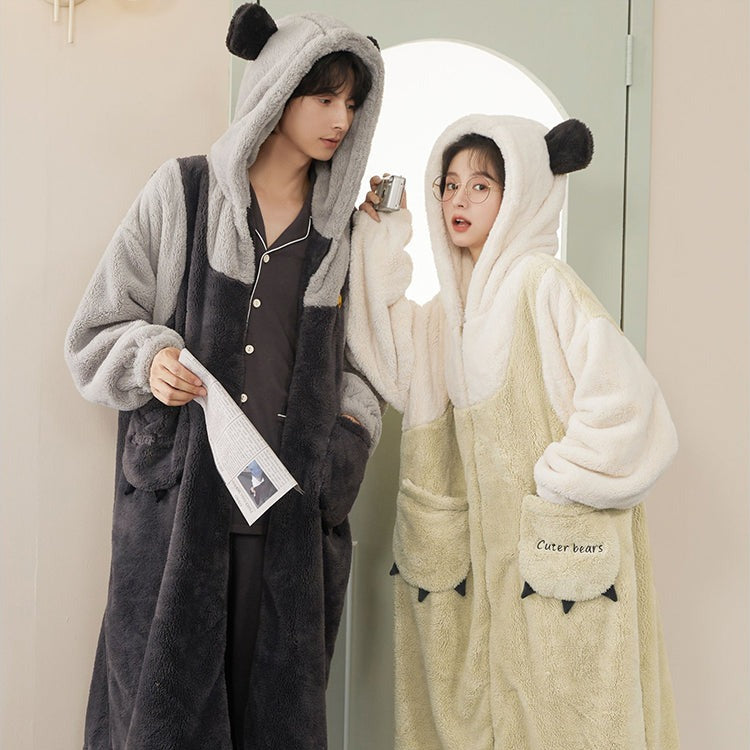 Cute Bear Hooded Fleece Couple Pajama Rob