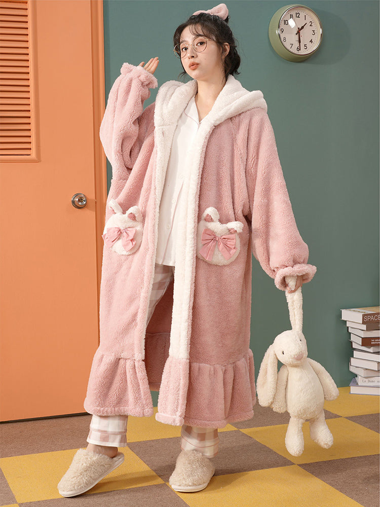 Rabbit Hooded Fleece Couple Pajama Rob