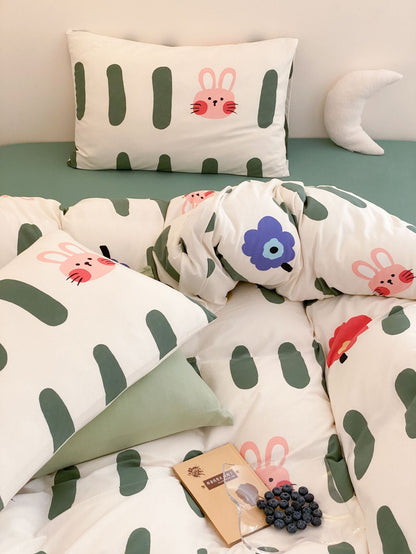 Soft Knitted Rabbit Print 4-Piece Bedding Set