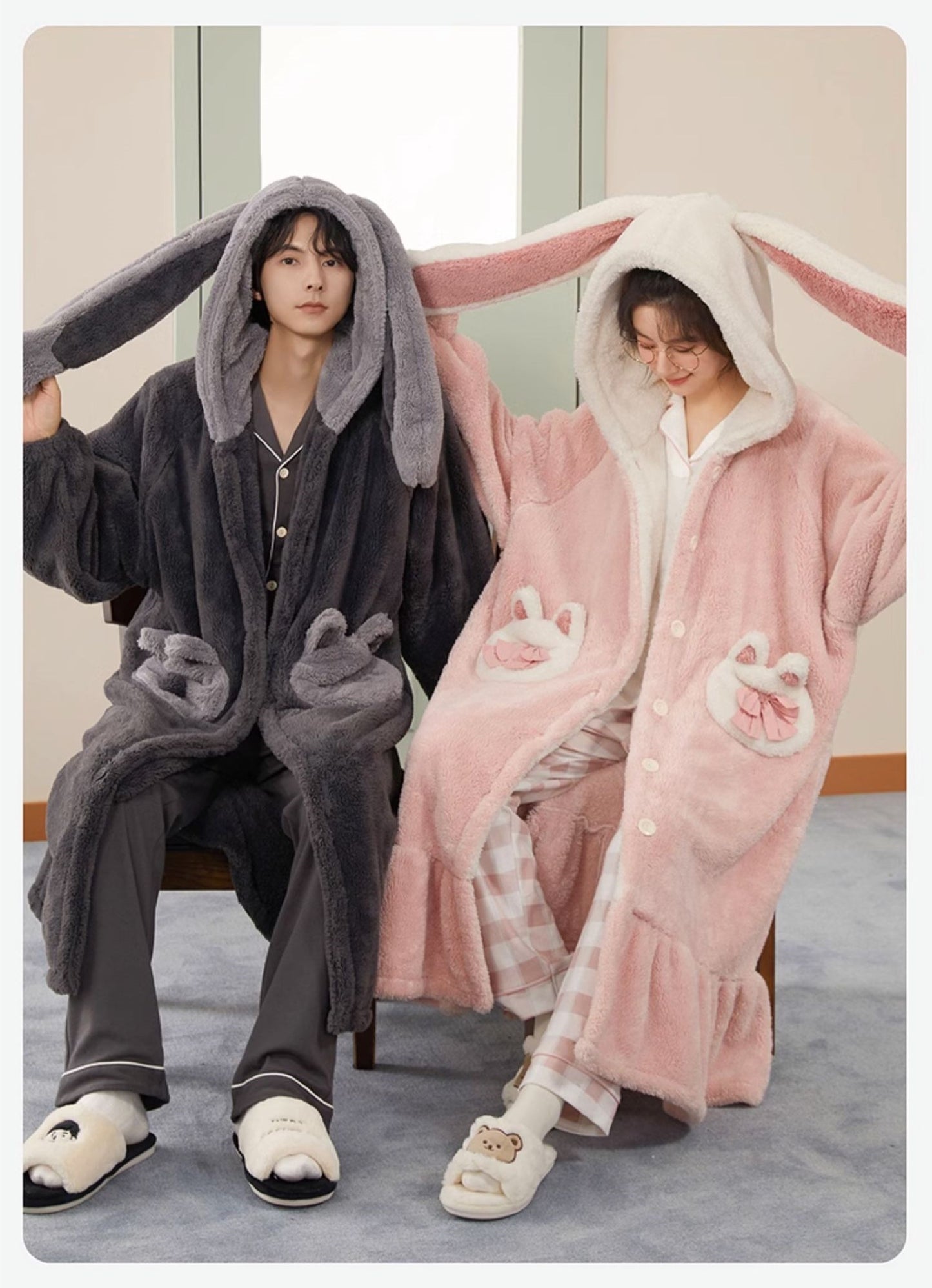 Rabbit Hooded Fleece Couple Pajama Rob