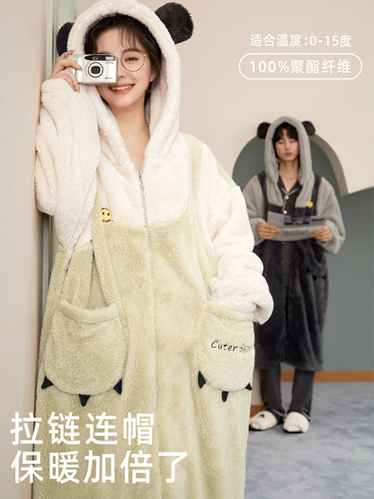 Cute Bear Hooded Fleece Couple Pajama Rob