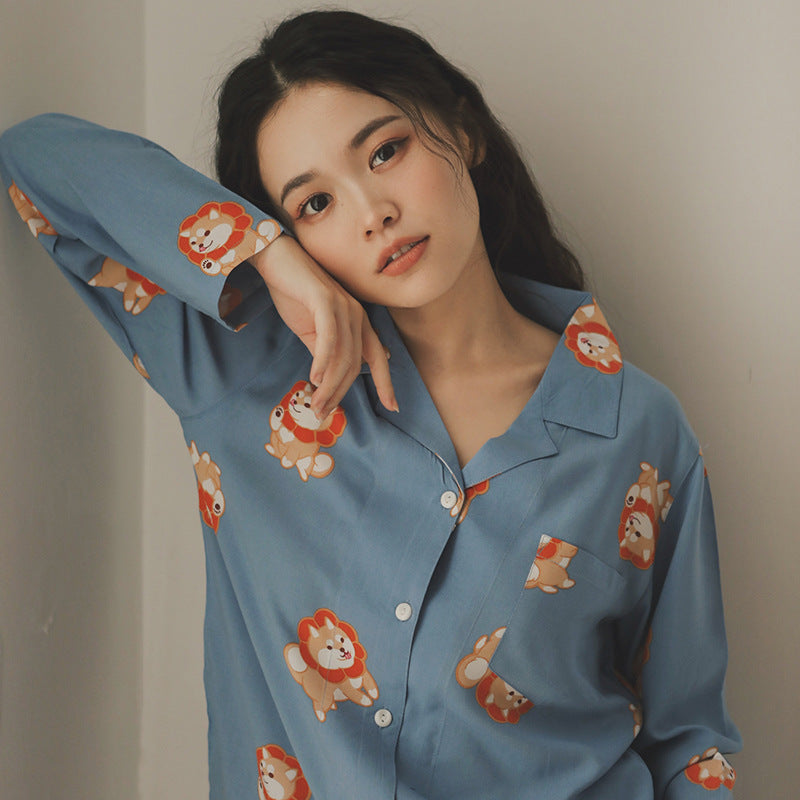 Shiba Inu Print Soft Satin Long Pajama Set
