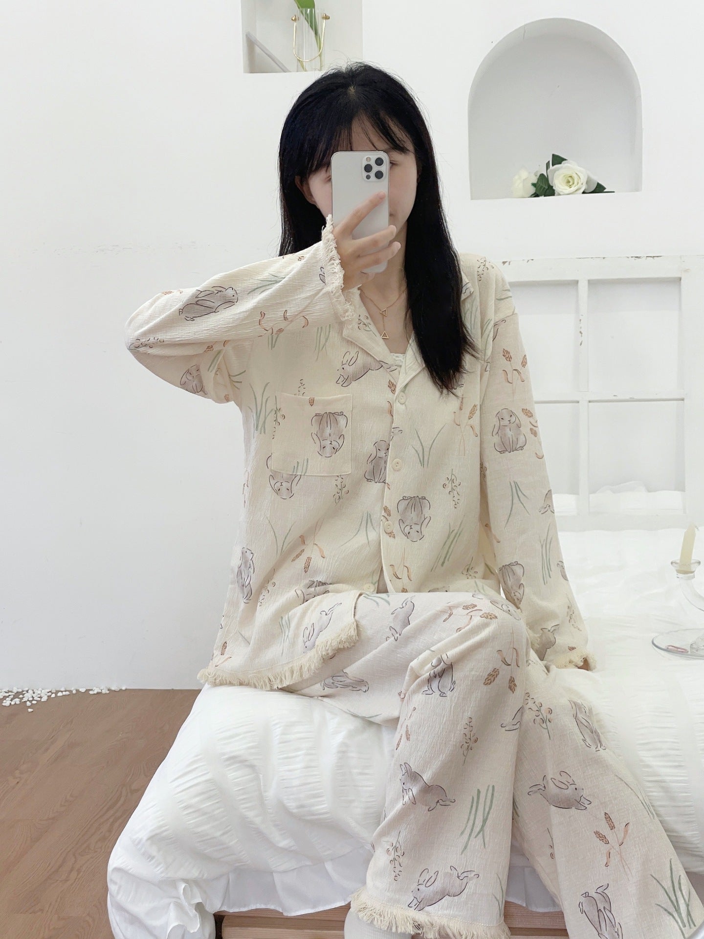 Tassel Long Sleeve Cotton Pajama Set
