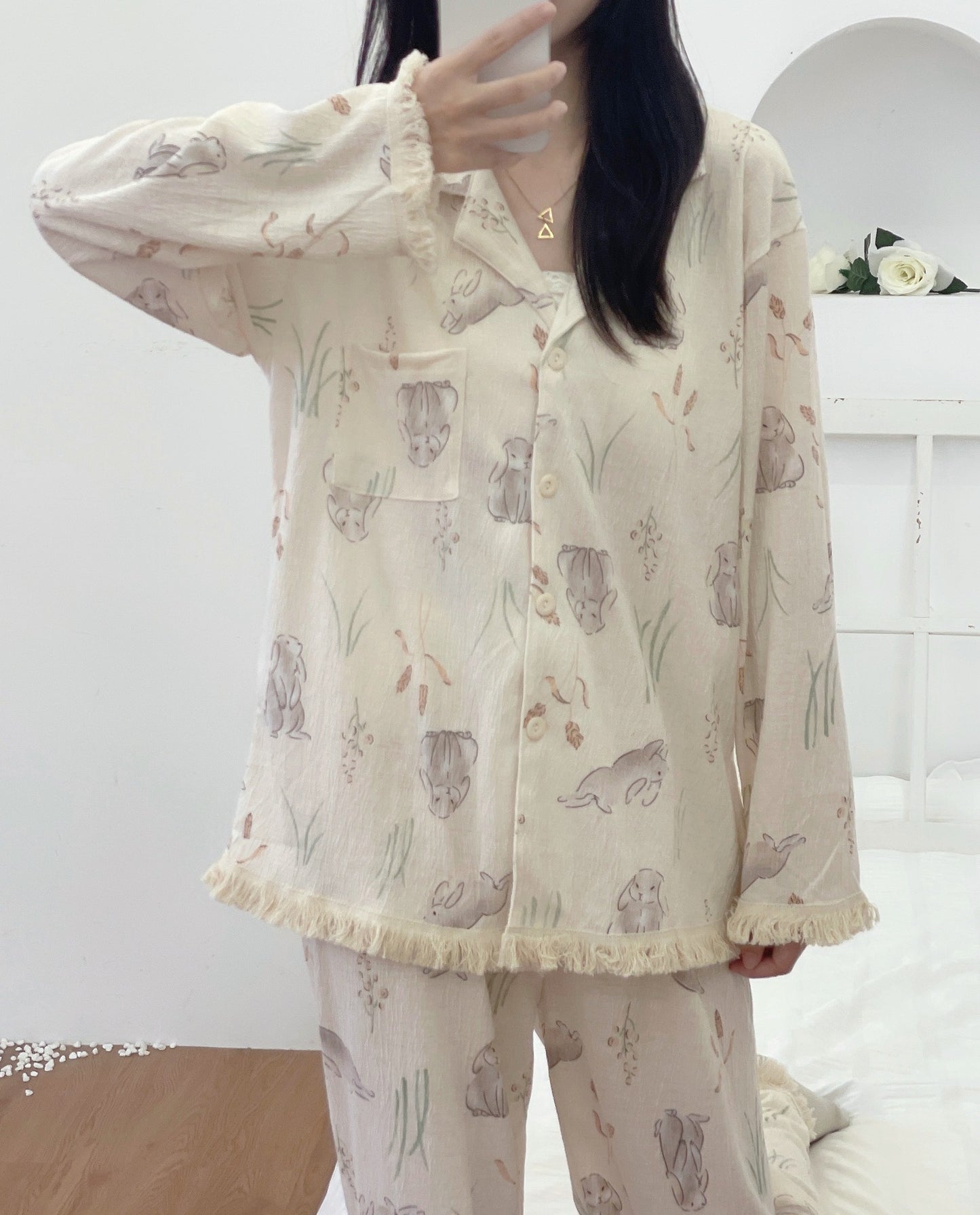 Tassel Long Sleeve Cotton Pajama Set