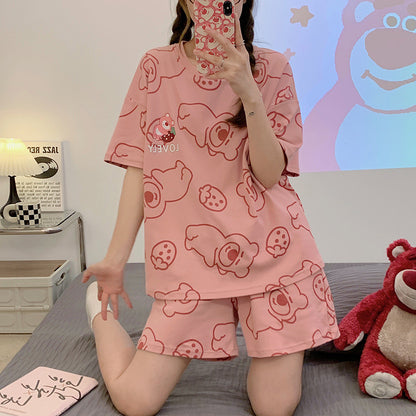 Pink Bear Print Short Sleeve Pajama Set