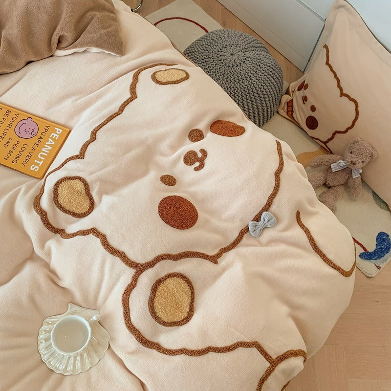 Cartoon Bear Fleece 4-Piece Bedding Set