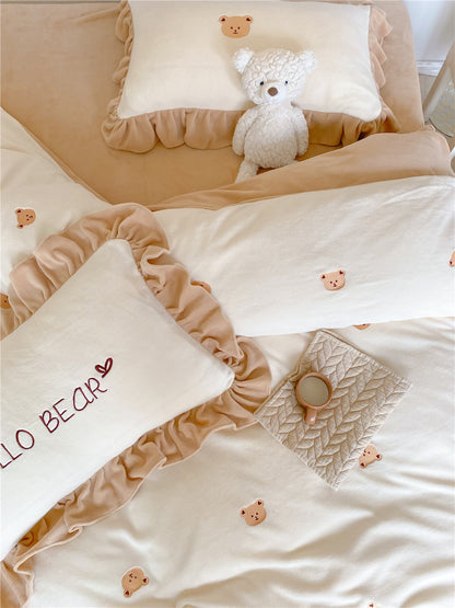 Bear Embroidered Ruffle Fleece 4-Piece Bedding Set