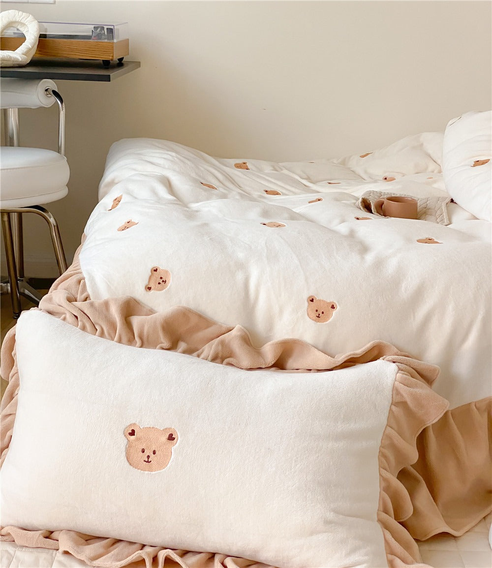Bear Embroidered Ruffle Fleece 4-Piece Bedding Set