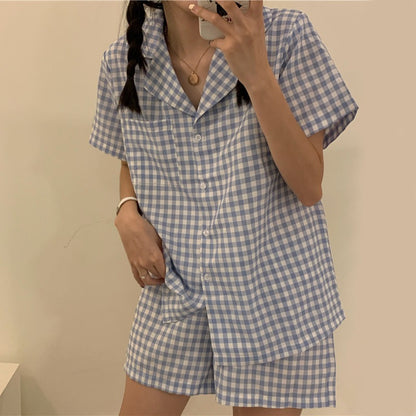 Blue Checkered Short Sleeve Pajama Set