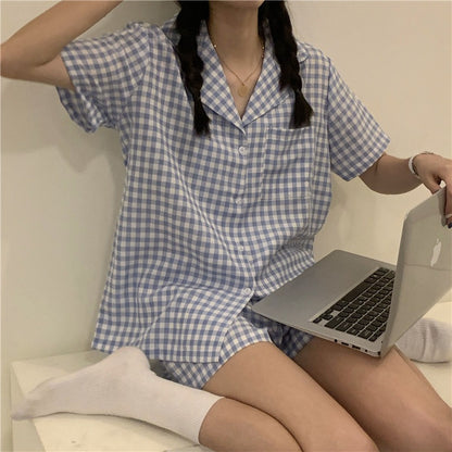 Blue Checkered Short Sleeve Pajama Set