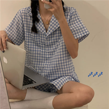 Blue Checkered Short Sleeve Pajama Set