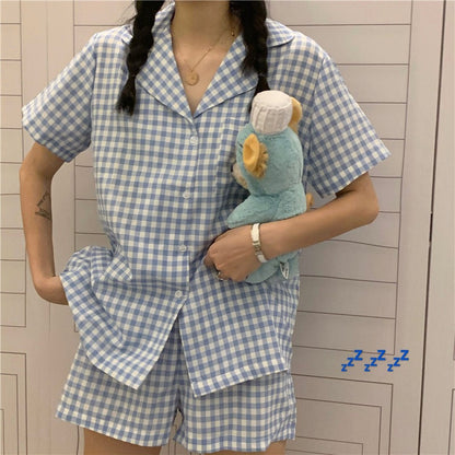 Blue Checkered Short Sleeve Pajama Set