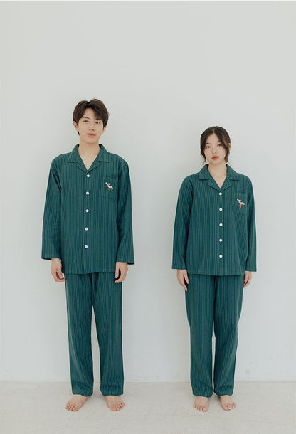 Embroidered Deer Brushed Cotton Couple Pajama Set