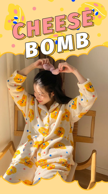 Cheese Bomb Cartoon Fleece Pajama Set