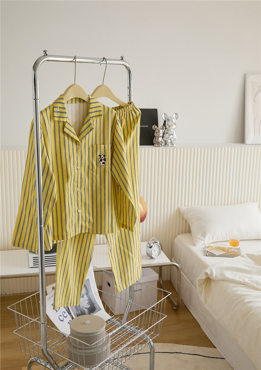 Brushed Cotton Cow Embroidered Striped Pajama Set