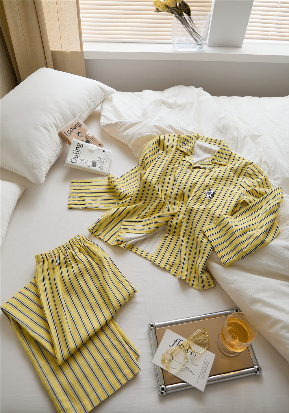 Brushed Cotton Cow Embroidered Striped Pajama Set