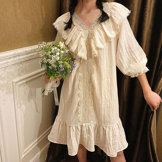 Cotton Cream Lace Mid Sleeve Sleep Dress
