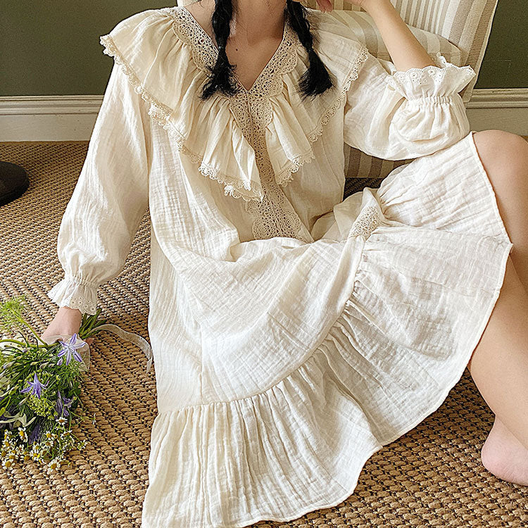 Cotton Cream Lace Mid Sleeve Sleep Dress