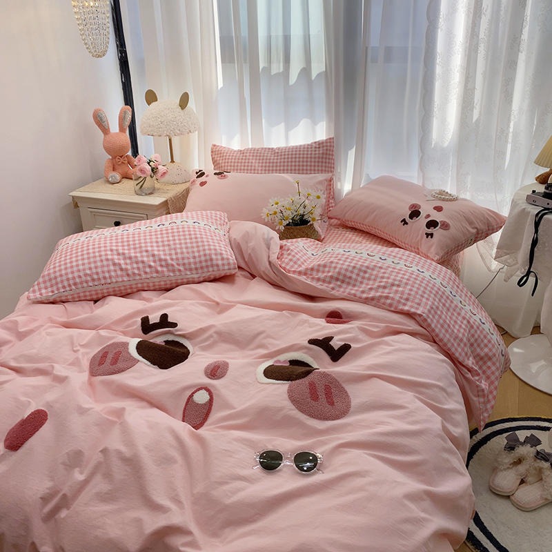 Cartoon Embroidered Washed Cotton 4-Piece Bedding Set