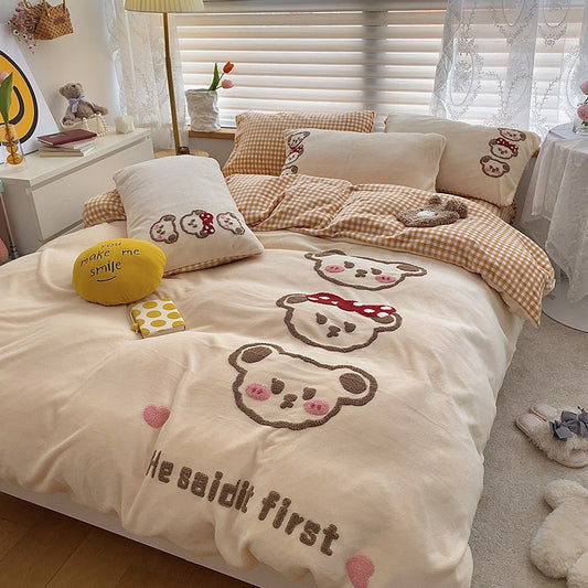 Cartoon Bear Embroidered Fleece 4-Piece Bedding Set