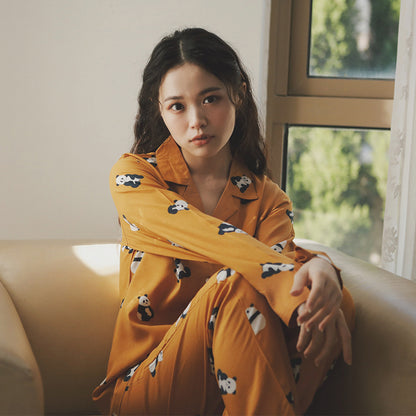 Panda Print Soft Satin Long Pajama Set
