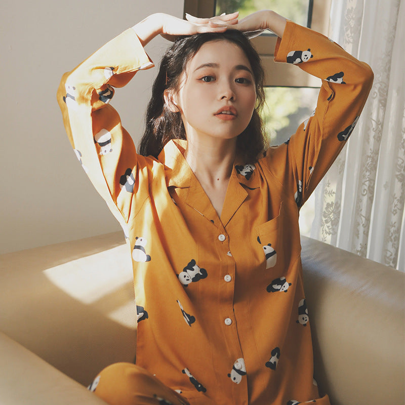Panda Print Soft Satin Long Pajama Set