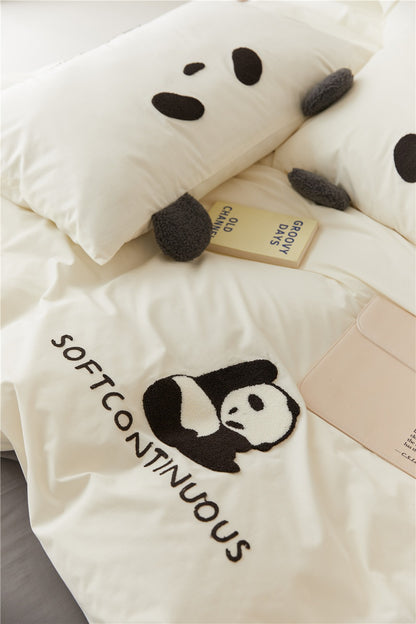 Panda Embroidered Cotton 4-Piece Bedding Set with Plushie