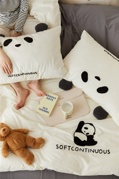 Panda Embroidered Cotton 4-Piece Bedding Set with Plushie