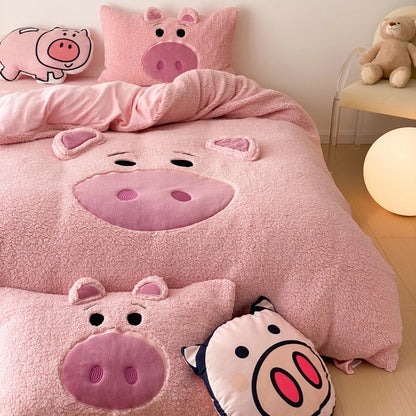Piggy Cartoon Fleece 4-Piece Bedding Set