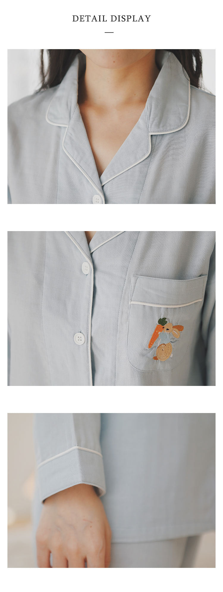 Rabbit Embroidered Cotton Pajama Set