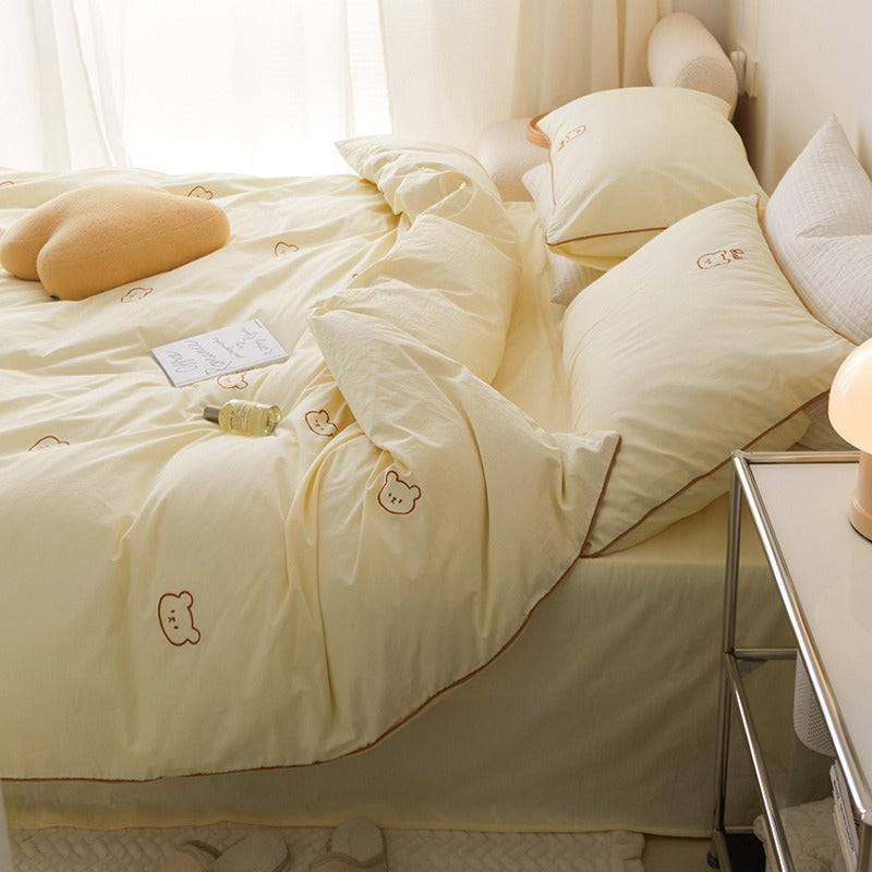 Washed Cotton Embroidered Bear 4-Piece Bedding Set