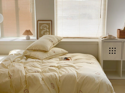 Washed Cotton Embroidered Bear 4-Piece Bedding Set