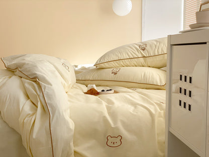Washed Cotton Embroidered Bear 4-Piece Bedding Set